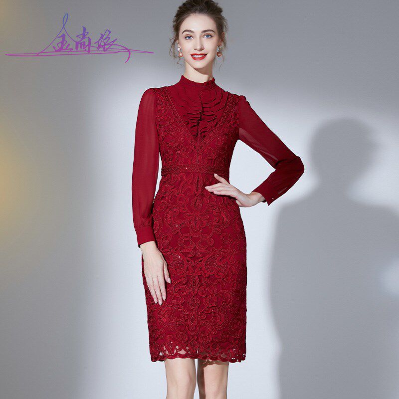 年轻妈妈婚宴装礼服秋冬新款喜婆婆婚宴装丈母娘长袖拼接连衣裙