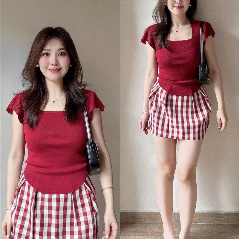 大码胖mm洋气穿搭一整套装女夏季红色针织短袖上衣高腰格子半身裙