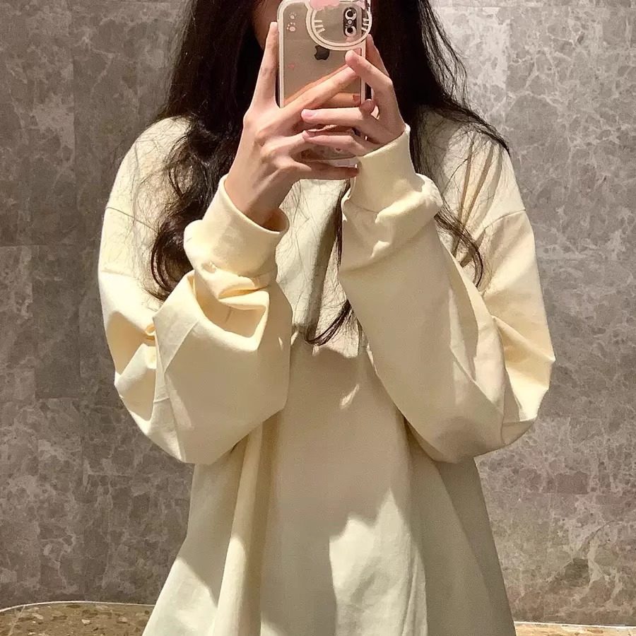 奶杏色长袖t恤卫衣女春秋季薄款宽松休闲圆领小个子内搭纯棉上衣