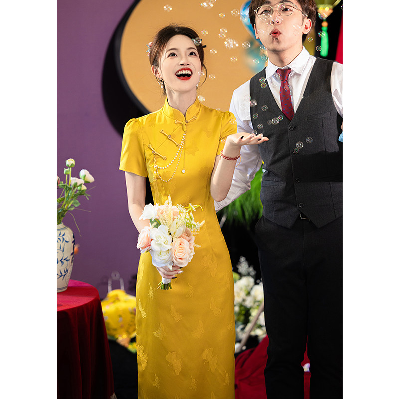 金色旗袍敬酒服新娘新中式订婚礼服裙女小个子气质高级感2024新款