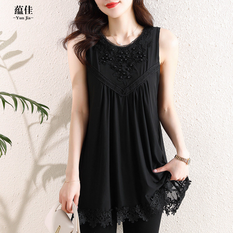 夏胖mm背心小吊带女装中长款无袖宽松上衣钉珠大码内搭蕾丝打底衫