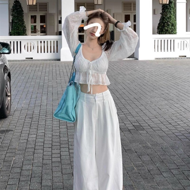 韩系甜美白色棉麻刺绣V领绑带上衣女春秋慵懒风宽松阔腿裤套装