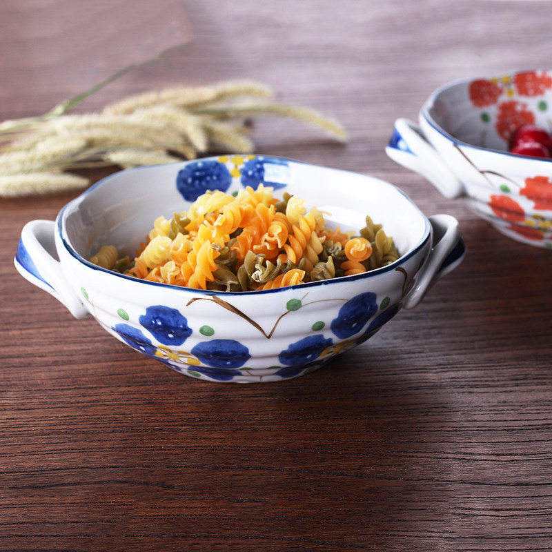 日式餐具焗饭碗青花瓷拉泡面碗家用仿复古7.5寸韩式陶瓷双耳汤碗