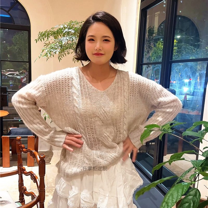 秋冬v领慵懒风复古针织麻花温柔宽松女士毛衣
