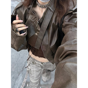 今年流行棕色pu皮衣机车夹克短款外套女秋冬2023新款爆款港风上衣