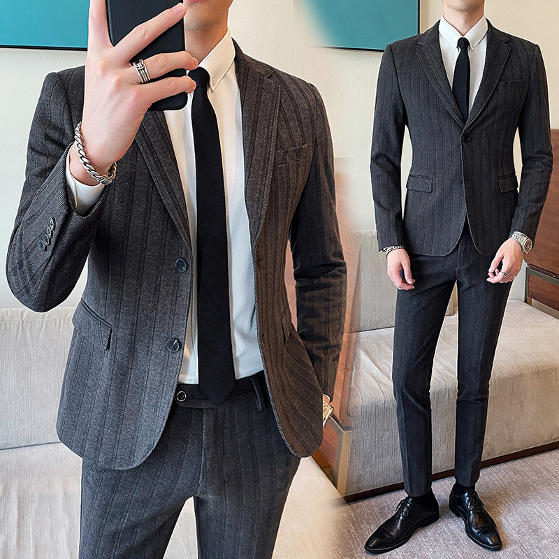 秋冬英伦风毛呢加厚西装两件套修身免烫商务休闲条纹西服套装男帅