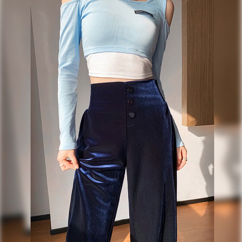 垂感丝绒阔腿裤女2024秋冬季高腰窄版直筒裤宽松显瘦加绒休闲长裤