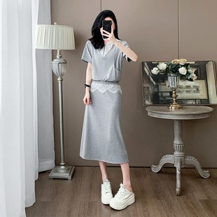 慵懒风休闲运动套装裙女夏季蕾丝拼接连帽短袖半身裙洋气两件套潮
