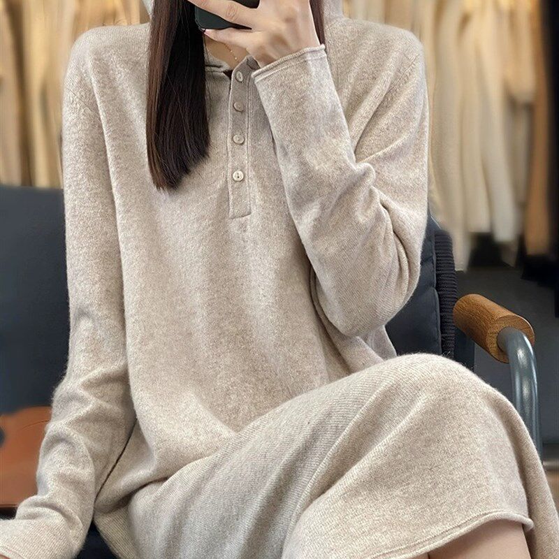 中长款连帽针织连衣裙女长袖纯色休闲宽松百搭过膝毛衣裙卫衣裙新