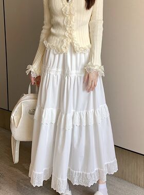 温柔甜美白色半身裙女秋冬2023新款花边蛋糕裙松紧腰长裙A字裙子