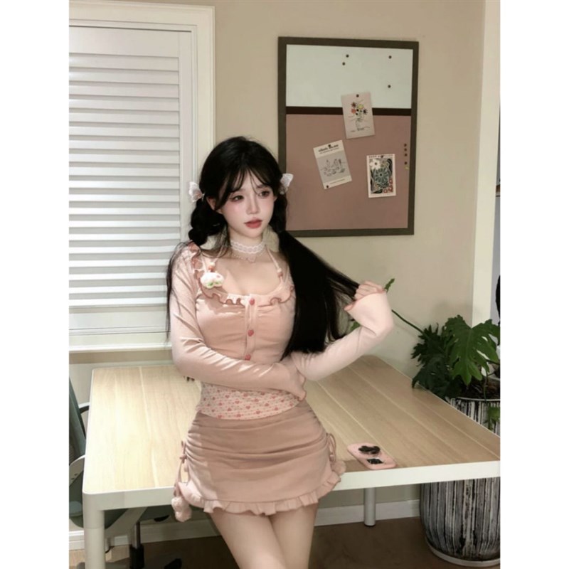 纯欲甜美套装女秋季修身显瘦少女风吊带开衫上衣+半身短裙两件套