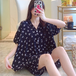 棉绸睡衣女夏短袖短裤绵绸妈妈家居服人造棉中老年人套装大码胖MM