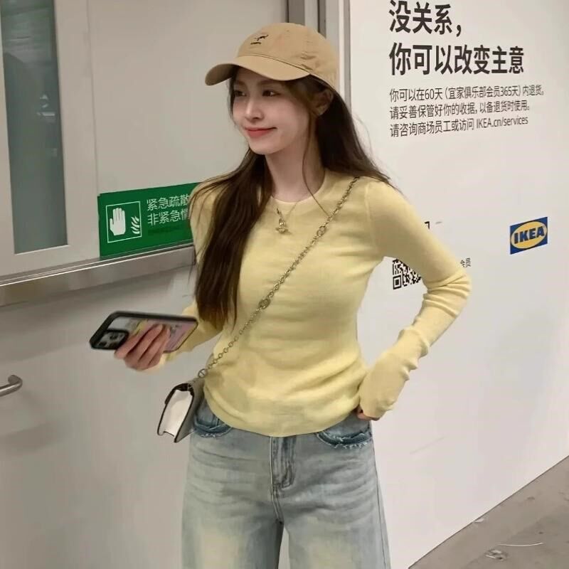 黄色套头针织打底衫女早秋内搭休闲软糯修身显瘦长袖纯色纯欲上衣