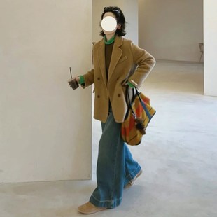 韩系复古黄色西装毛呢外套女秋冬短款高级感小个子宽松呢子大衣