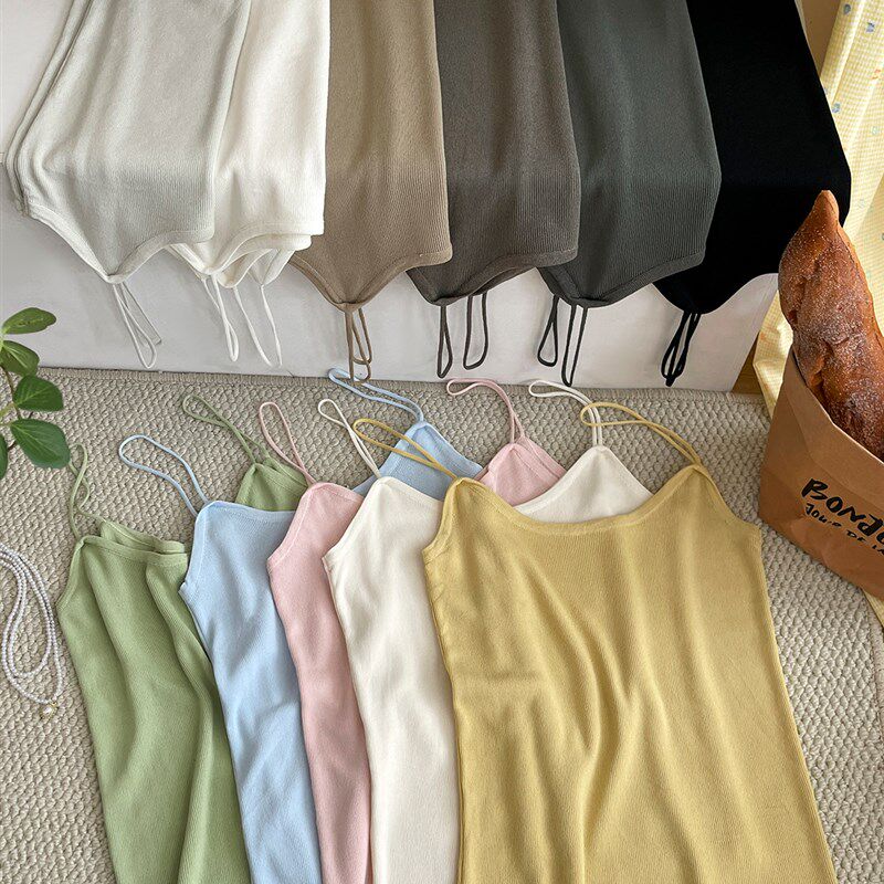糖果彩色细肩带冰丝针织小吊带背心女夏内外穿百搭美背打底衫上衣