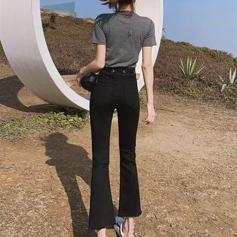黑色小个子微喇叭牛仔裤女2020学生高腰夏款紧身弹力八分九分阔脚