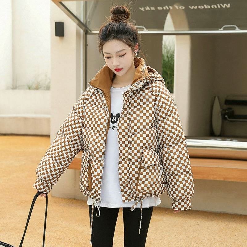 显瘦加厚小个子棉服羽绒棉衣棋盘格宽松2024女冬季面包服连帽短款