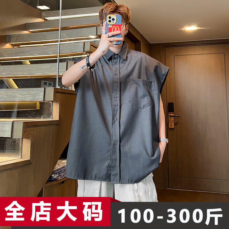 无袖衬衫背心男夏季新款坎肩大码宽松休闲潮胖子加肥加大衬衣外套