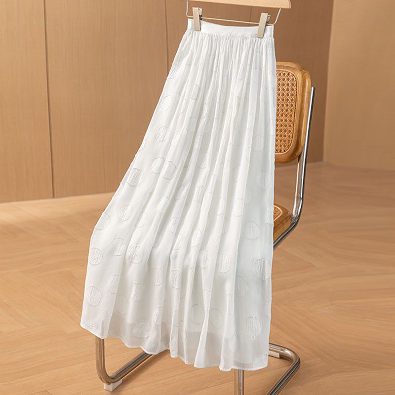 2025夏季新款白色雪纺波点半身裙女中长款a字大码百褶小个子伞裙