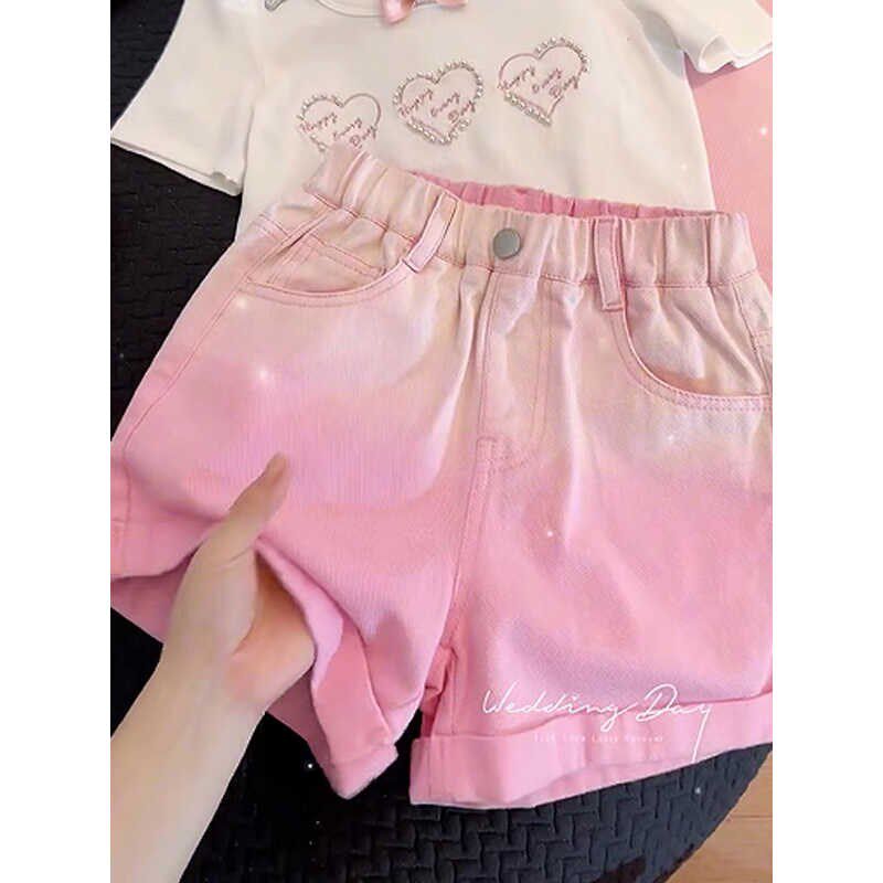 女童夏季牛仔短裤2024新款儿童外穿薄款粉色渐变裤子女孩百搭休闲