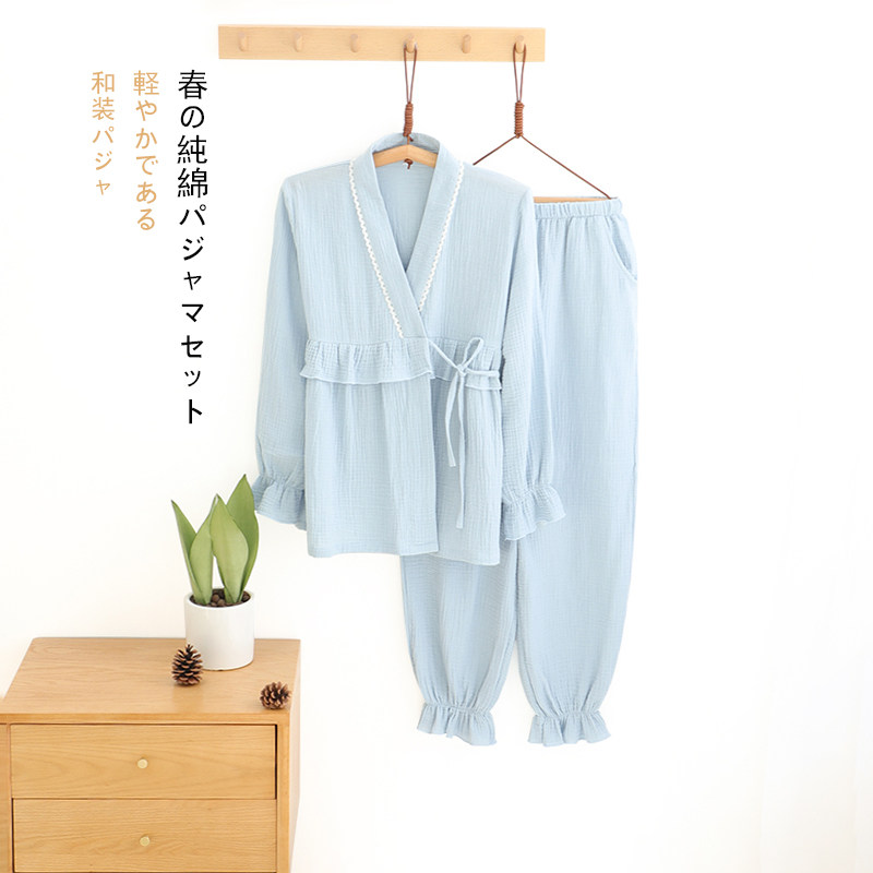 春秋日式和服睡衣女士改良中国风红色纯棉棉纱P浴衣柔软家居服套