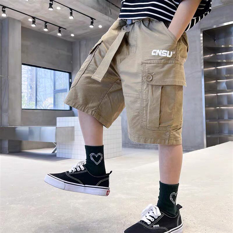 儿童装男童裤子中裤工装休闲短裤薄款夏季外穿七分裤夏装卡其色潮