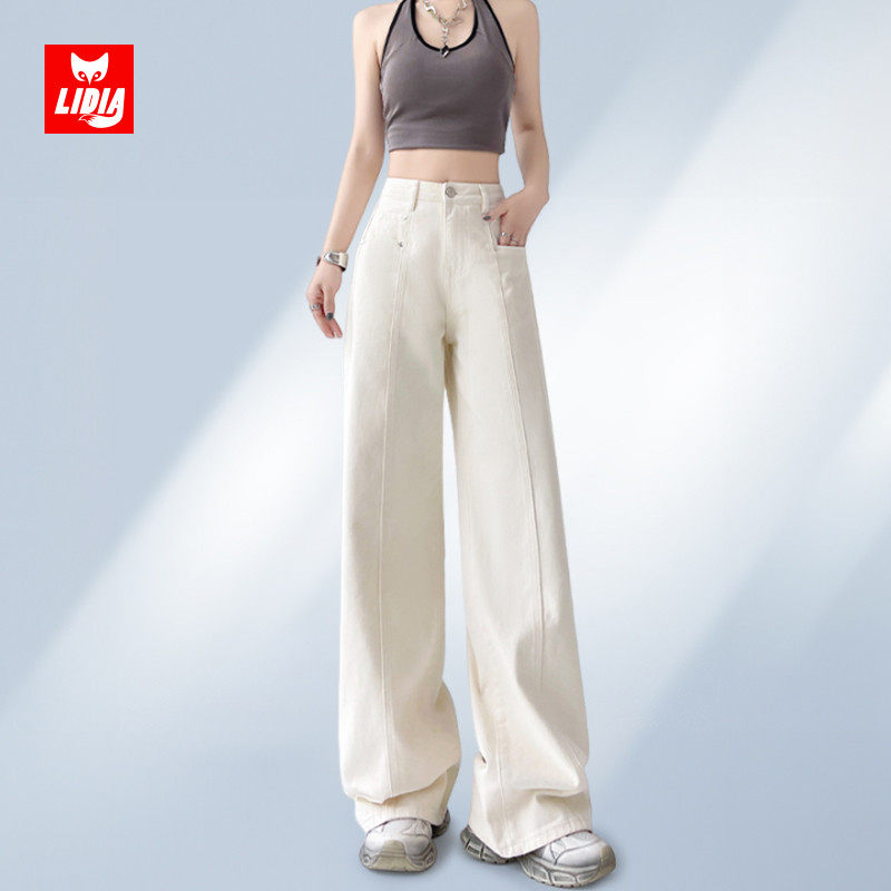 米白色窄版阔腿牛仔裤女春季春款2025年新款小个子高腰显瘦直筒裤