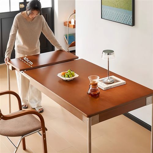 中古可伸缩实木餐桌折叠小户型家用客厅移动长方形吃饭书桌子胡桃