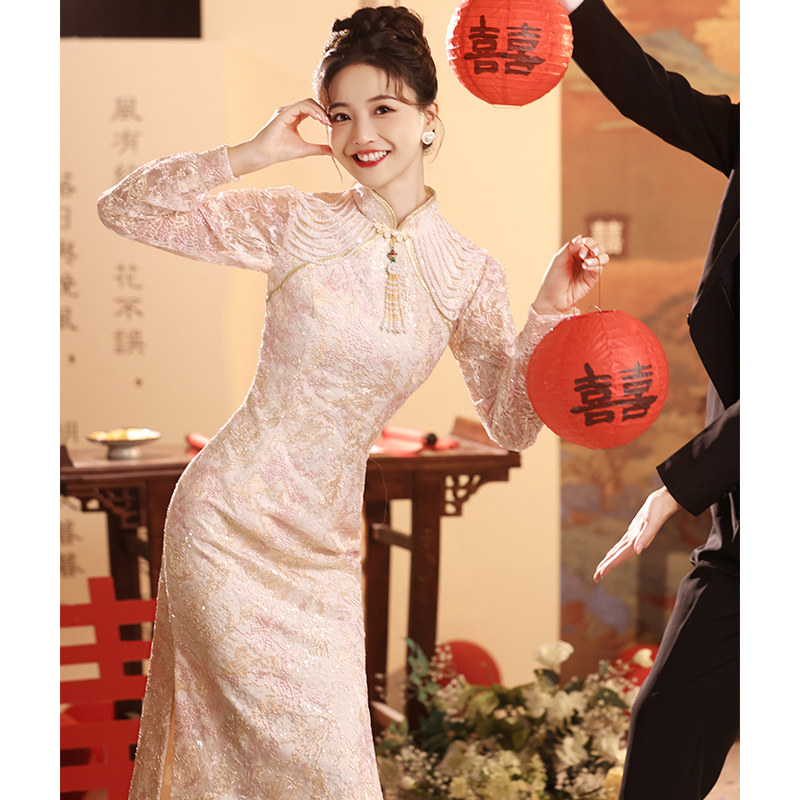 回门服敬酒服新娘高级感粉色旗袍结婚订婚礼服连衣裙刺绣2024新款