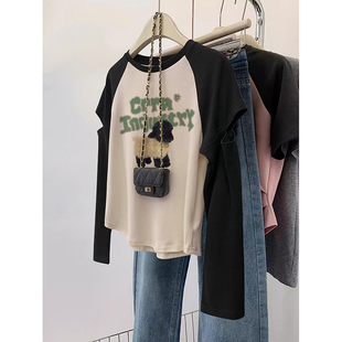 长袖t恤正肩插肩袖拼接修身打底衫2023新款女秋冬大码短款上衣潮