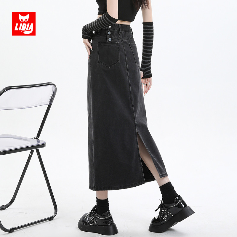 灰黑色牛仔半身裙女2025春季新款高腰设计感开叉直筒后开叉长裙子