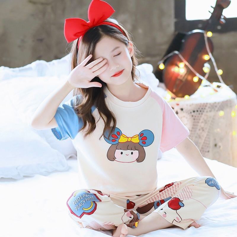 儿童睡衣纯棉短袖长裤薄款公主风女孩套装可爱女童夏装大童家居服