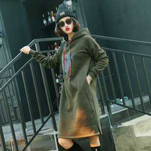 中长款卫衣女2025新款春装无绒韩版宽松无绒连帽套头外套连衣裙