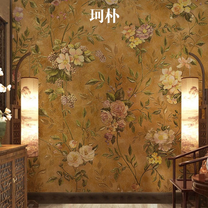 珂朴美式手绘花朵轻奢壁纸电v视背景墙墙布装饰定制壁画别墅客厅3图片