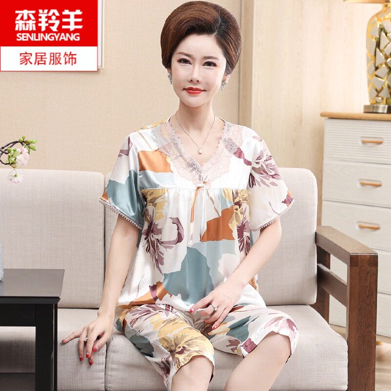 妈妈夏季短袖七分裤丝绸睡衣套装中老年人女士婆婆冰丝夏天家居服