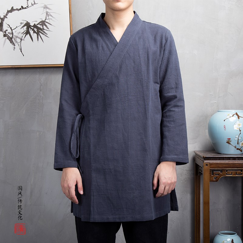 中国风中长款汉服男棉麻斜襟居士禅修服僧服中式复古装民族服装秋