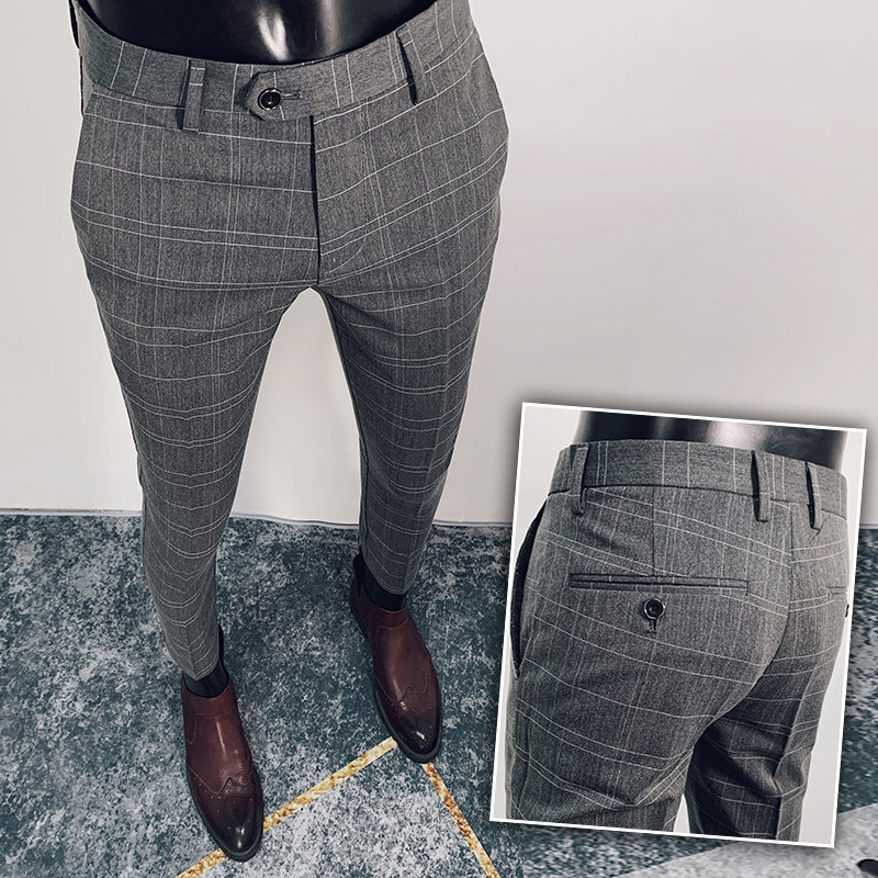 高级感裤子男装2023新款春秋潮牌新款西装裤修身小脚格子九分西裤