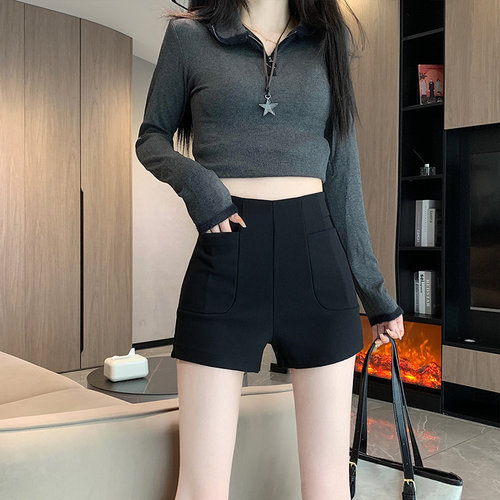 夏季短裤女弹力紧身外穿设计感高腰美式辣妹配卫衣内搭打底短靴裤