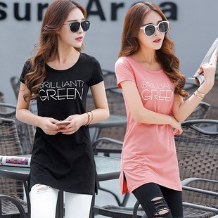 中长款t恤女短袖修身2024夏季新款纯棉遮屁股体恤衫休闲洋气上衣