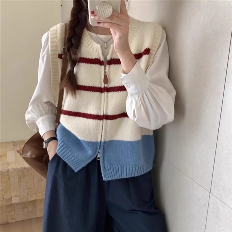 高级感条纹双拉链针织开衫马甲女秋宽松圆领无袖毛衣背心坎肩外套