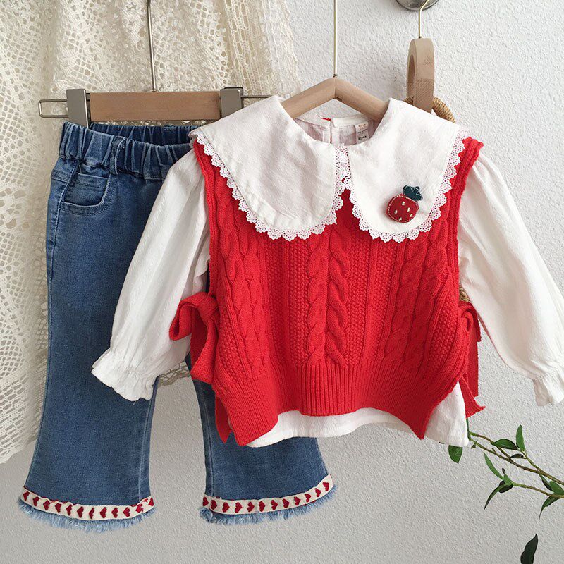 韩版女童马甲春季外穿洋气套头婴儿宝宝麻花针织衫系带背心小童女