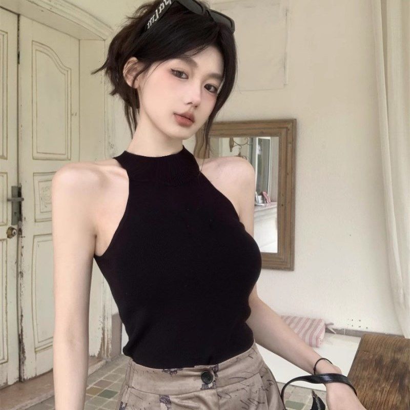 黑色挂脖背心吊带女2024新款夏季气质外穿内搭设计感小众辣妹上衣