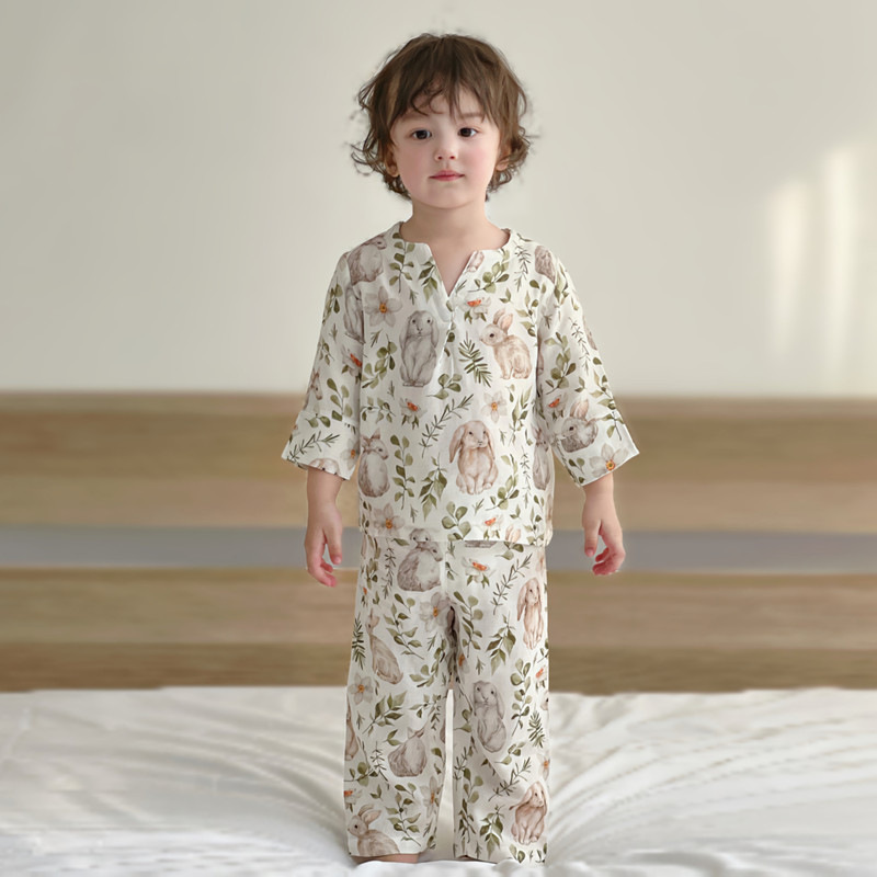 儿童睡衣夏季薄款竹棉纱布宝宝长袖长裤空调服男女童家居服套装