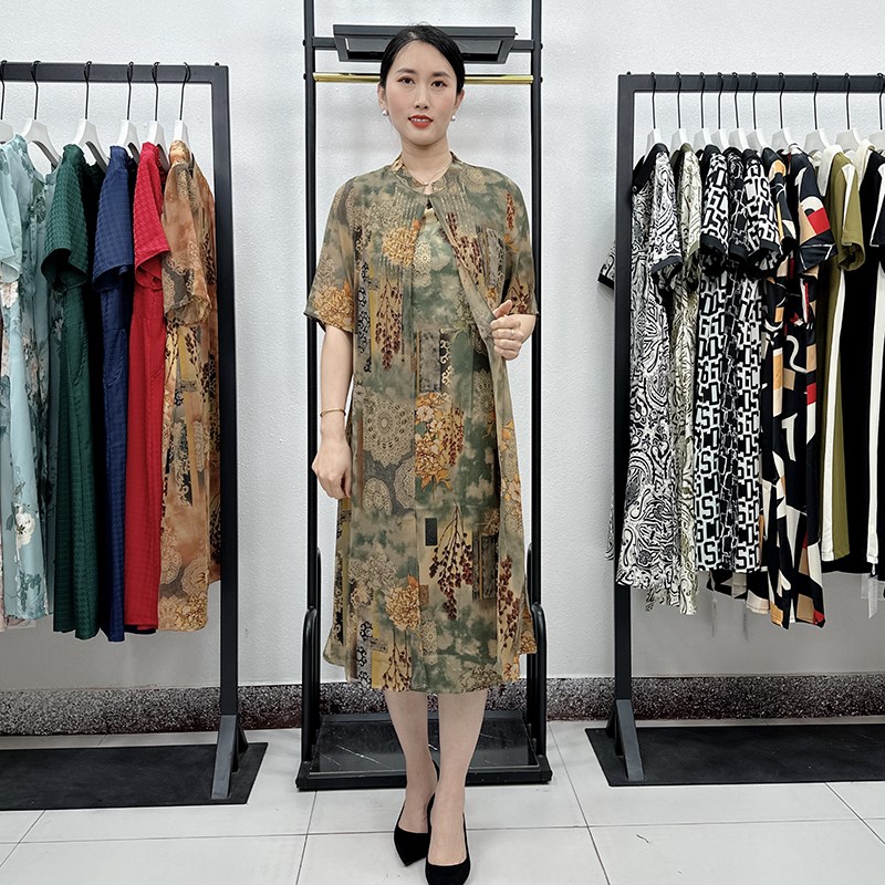 母亲节妈妈夏装新款旗袍假两件连衣裙中老年女装夏季洋气中式裙子