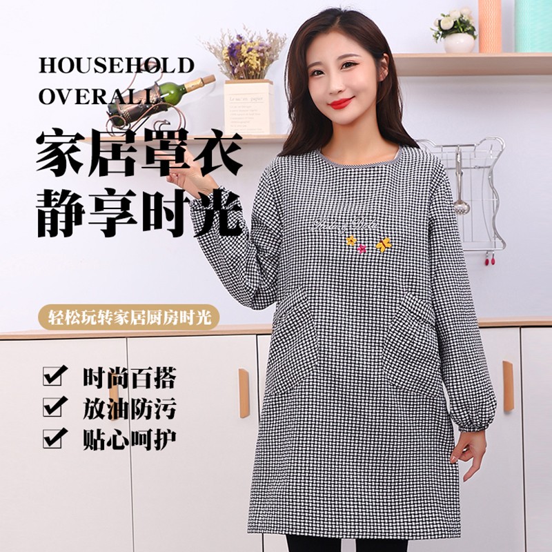 新款罩衣女纯棉长袖围裙厨房做饭用时尚短款大人上班反穿衣工作服图片