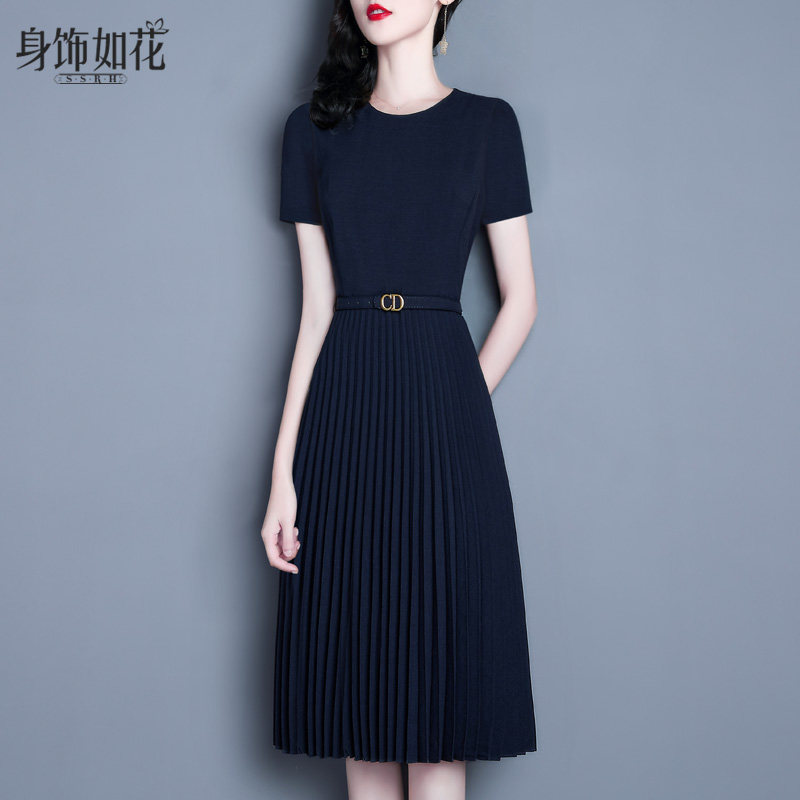 2021夏新款淑女装气质修身显瘦A字百褶裙短袖中长款藏蓝色连衣裙
