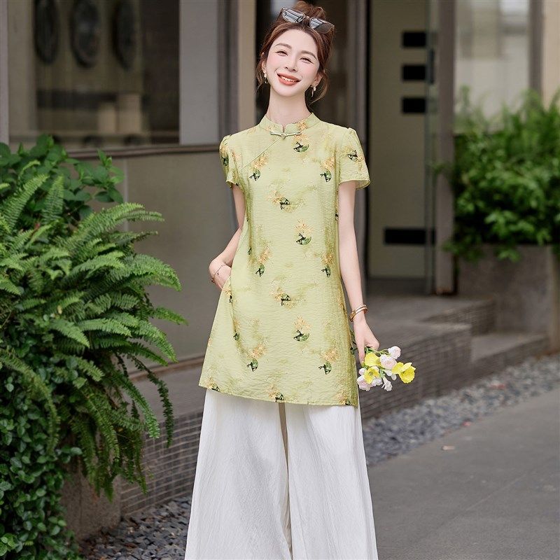 改良旗袍新中式国风女装2025新款夏季套装搭配一整套阔腿裤两件套