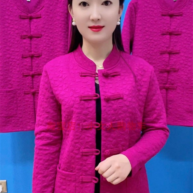 复古盘扣唐装外套春季时尚印花南韩泡泡棉开衫中老年宽松上衣女装