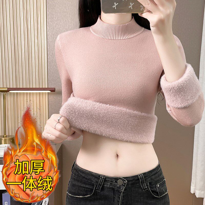 加绒半高领毛衣女一体绒秋冬加厚内搭大码修身打底针织衫保暖上衣