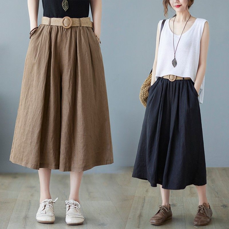 2021夏季新款大码复古文艺亚麻宽松大裤腿裤裙裤休闲洋气七分裤女